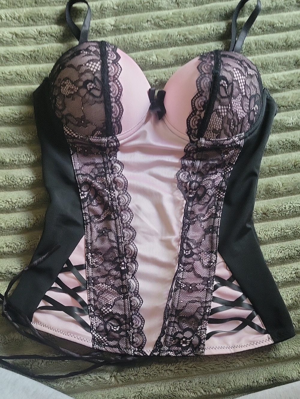 Pink and Black Lace Bustier Top with Supportive Cups